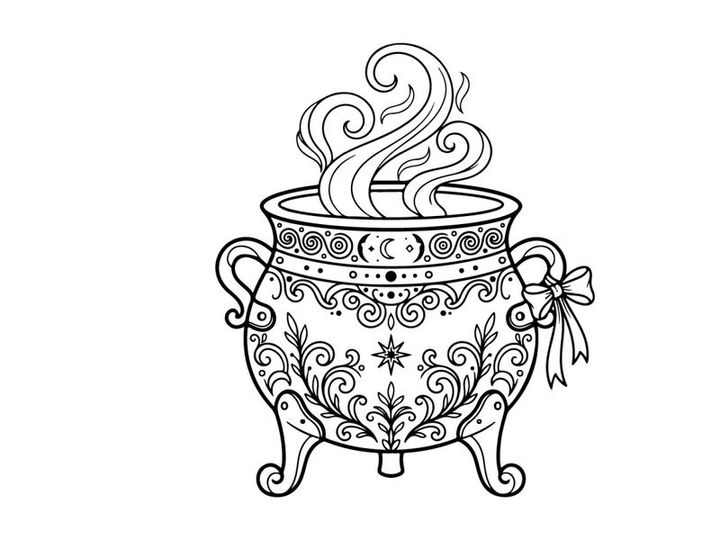 Witch cauldron line art illustration. Magical pot with steam for coloring book page.