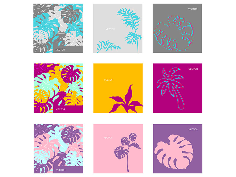 Jungle vegitation flat color vector backgrounds set