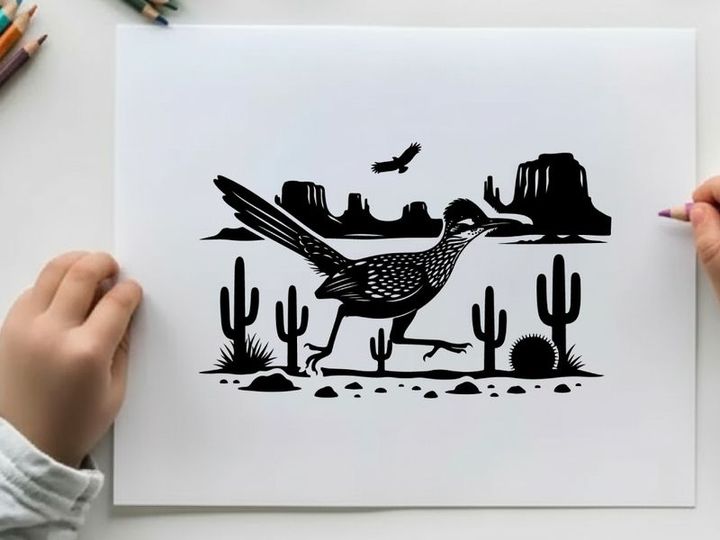 Desert scene with roadrunner in silhouette desert landscape