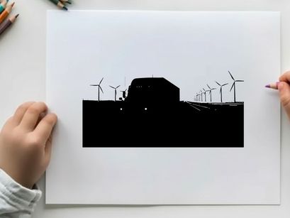 Silhouette of a truck driving past wind turbines on a highway