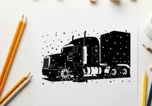 Silhouette of a semi truck driving in the snow