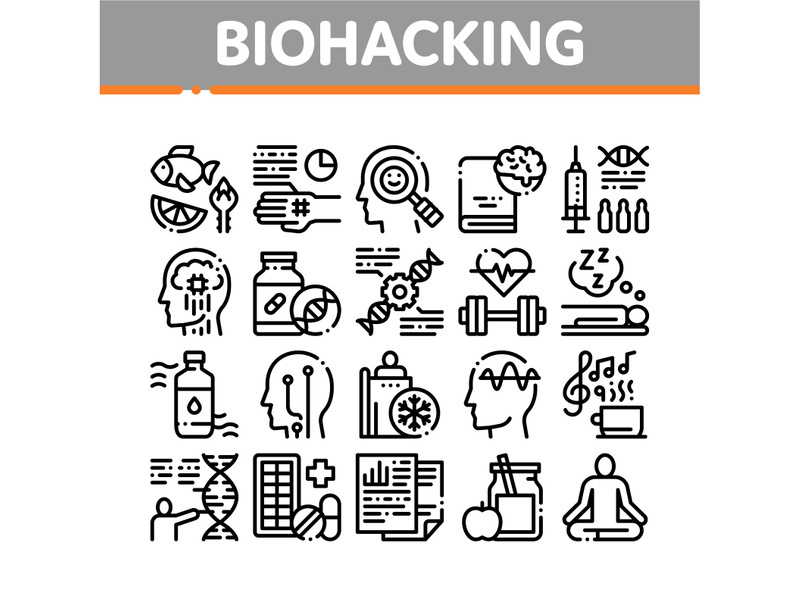 Biohacking Collection Elements Icons Set Vector