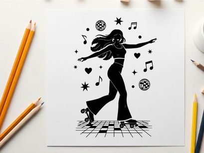Retro silhouette of woman roller skating with music symbols