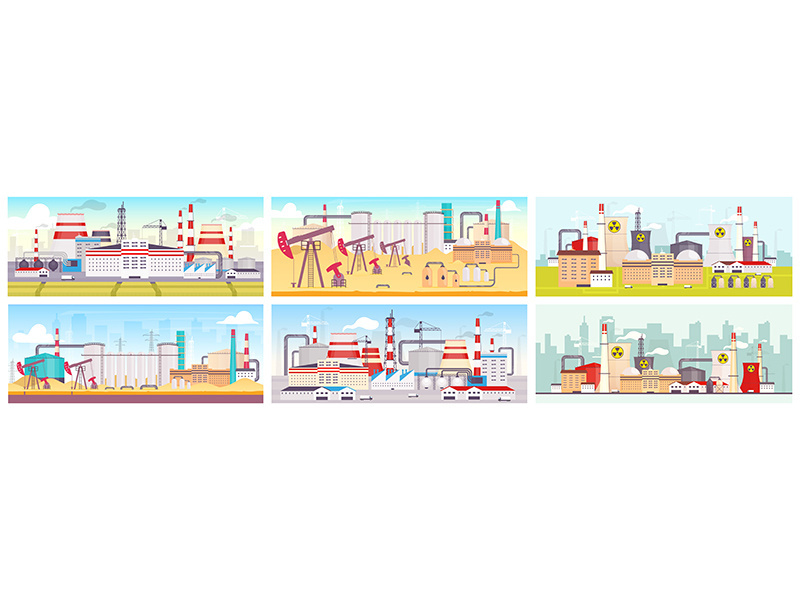 Industrial sites flat color vector illustrations set
