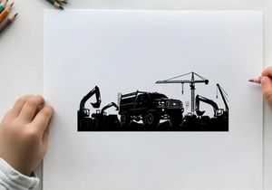 Construction site silhouette with excavators and crane