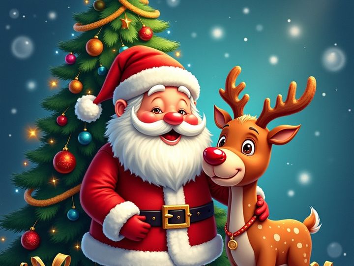A festive, jolly image of Santa with a reindeer, likely for an embroidery design.