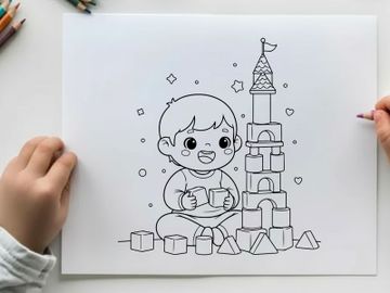 Cute baby playing with building blocks vector illustration preview picture