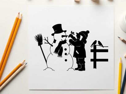 Silhouette of child and snowman with broom and fence