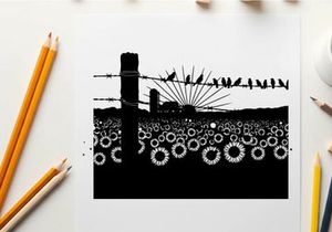 Silhouette of birds on barbed wire fence in sunflower field
