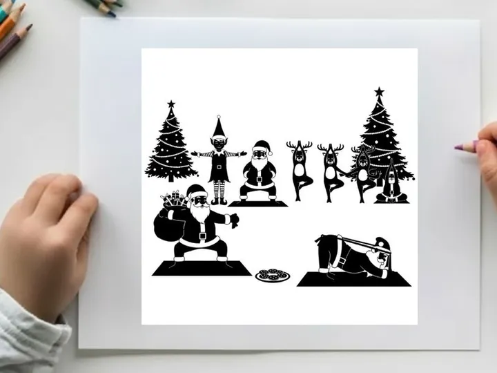 Christmas silhouette of people doing yoga and exercising outdoors