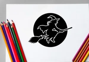 Stylized witch riding broomstick with moon silhouette for Halloween