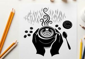 Silhouette of hands holding steaming cup of coffee silhouette