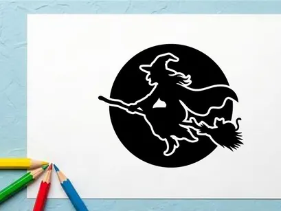 Stilisierte Hexe fliegend auf einem Besen in nächtlichem Himmel Illustration