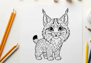 Cute lynx kitten sitting flat design vector illustration
