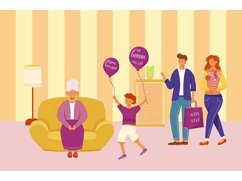 Family celebration grandma birthday flat vector illustration