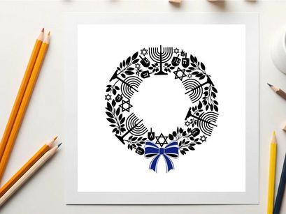 Silhouette jewish wreath with menorah and star of david silhouette