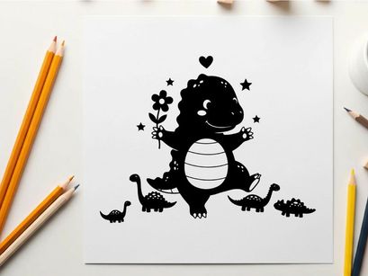 Silhouette of a smiling dinosaur with little ones and flowers