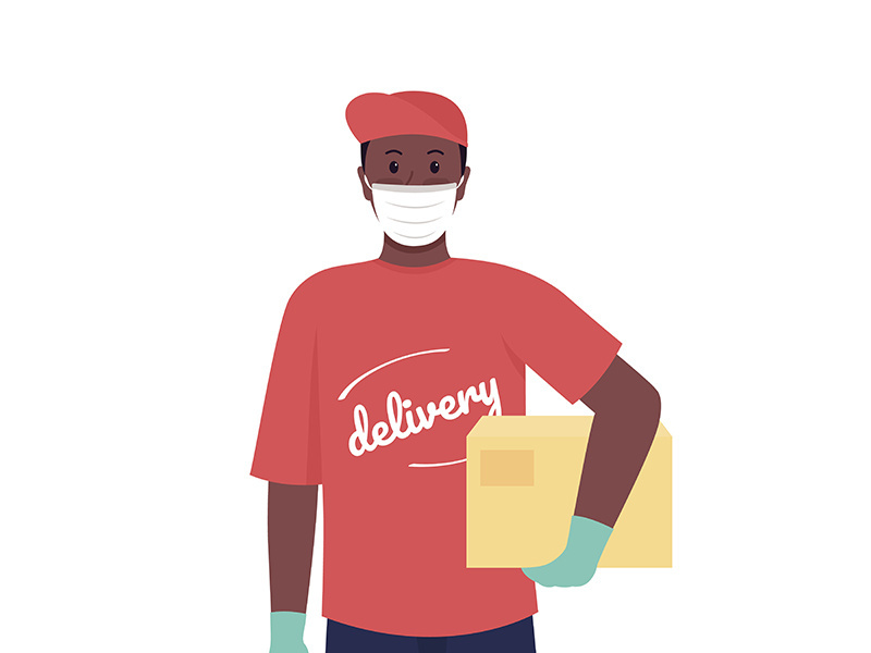 Deliveryman in medical mask semi flat color vector character