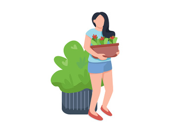 Young woman with flowers, female and flowerbed flat color vector faceless character preview picture
