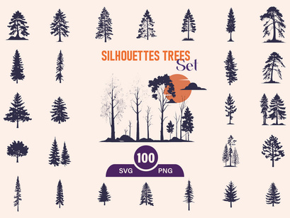 Silhouettes Trees Set, Pine Tree fir pruce cedar white patch alder elm birch ash cypress beech palm tree.