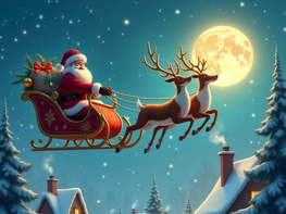 Santa in his sleigh soars over a snowy village preview picture