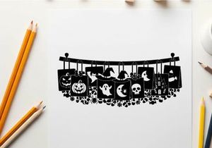 Halloween silhouette banner with various spooky decorations and silhouette