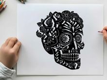 Day of the dead sugar skull silhouette with flowers
