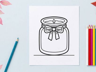 Candle in a glass jar with a bow. Simple line art drawing of a decorative scented candle.