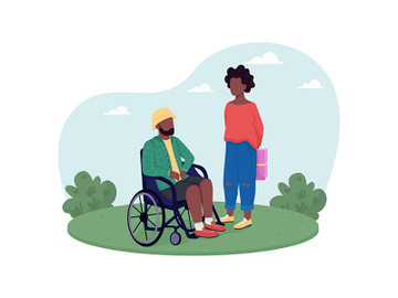 Woman give gift to disabled man 2D vector web banner, poster preview picture