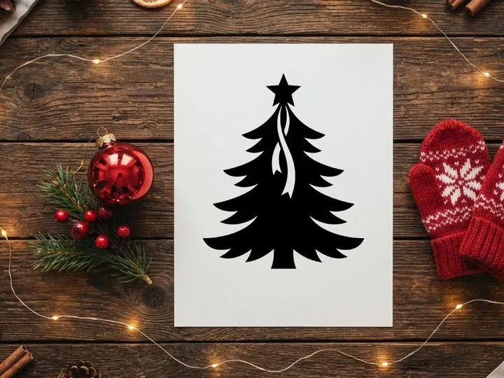 Black silhouette of a Christmas tree with a star topper and ribbon on white background