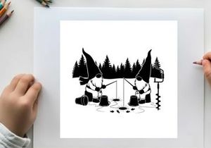 Gnomes ice fishing in silhouette on frozen lake with trees