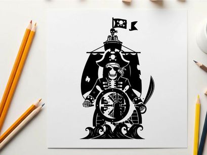 Pirate captain silhouette at the ship's helm with sword