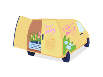 Flower delivery van with open trunk flat color vector object preview picture