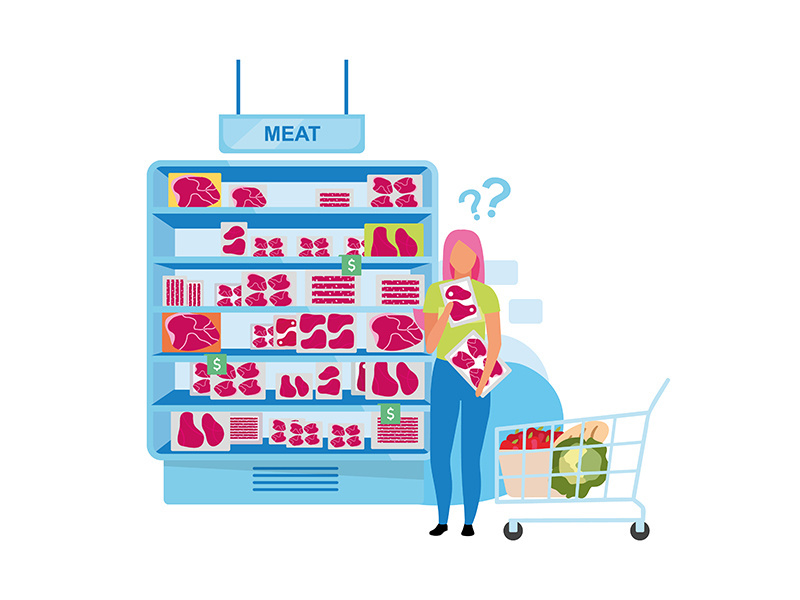 Female customer standing near meat freezer semi flat color vector character.