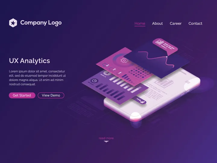 Ui/Ux analytics dashboard isometric landing page