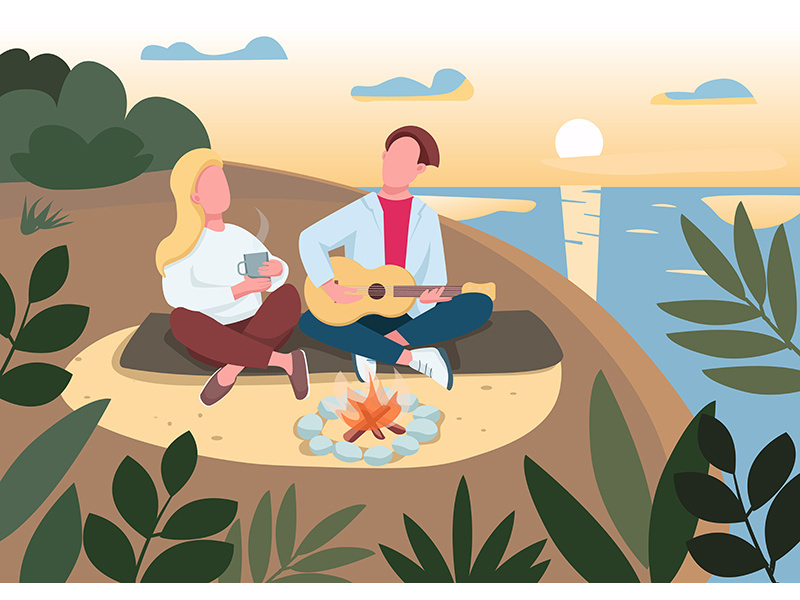 Beach picnic flat color vector illustration
