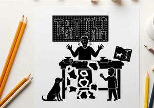 Silhouette of a man and boy with dog at a broken desk