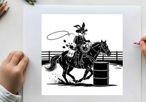 Bunny silhouette riding a horse around a barrel racing silhouette