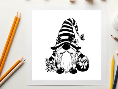Silhouette of a whimsical garden gnome with flowers and hat