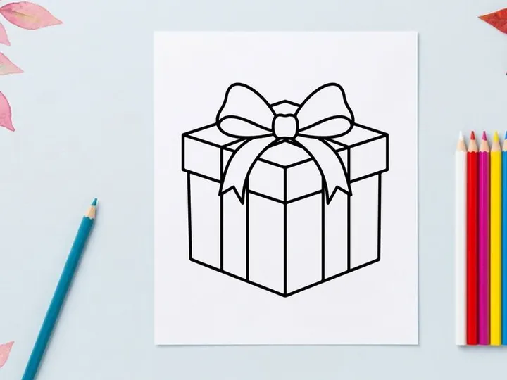 Christmas gift box line art icon with a decorative bow for holiday celebration designs.