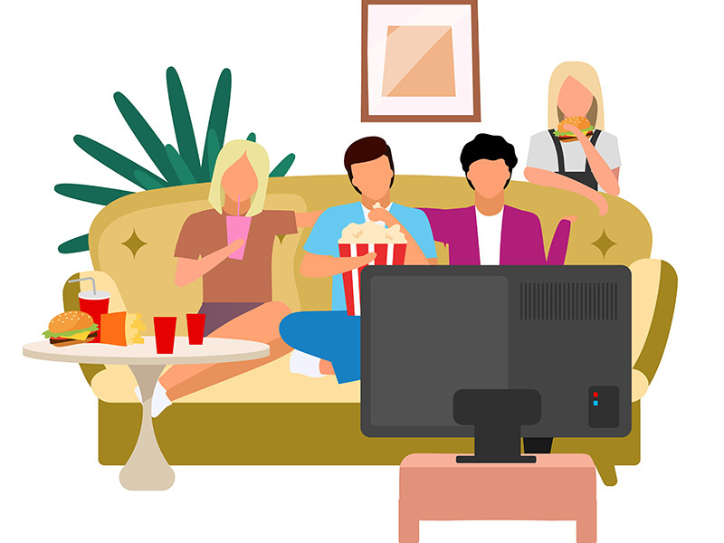 Friends watching TV flat vector illustration