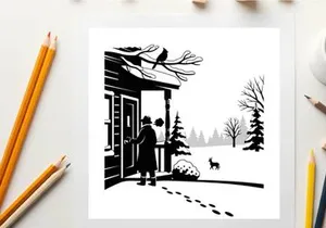 Winter scene silhouette of a woman and dog outside a cabin