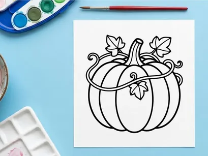Süßes Kürbis mit Ranken und Blättern für Herbstdekoration. Symbol für Herbsternte, saisonale Dekoration, festlicher Mittelpunkt.
