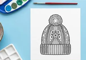 Halaman mewarnai topi beanie musim dingin dengan desain pola bintang untuk anak-anak dan dewasa
