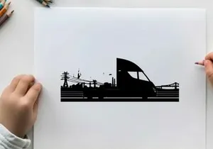 Silhouette of a futuristic vehicle driving past a city skyline