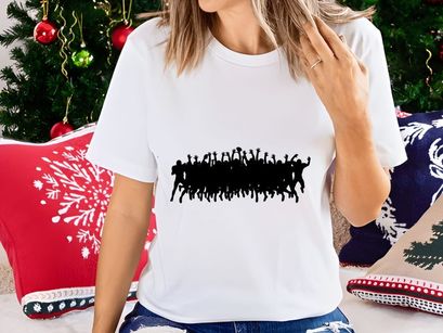 A group of people jumping and celebrating with raised arms in unison together