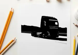 Silhouette of a large truck driving on a road