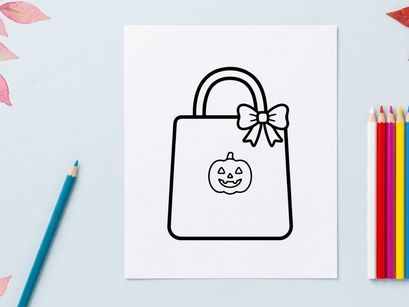 Halloween pumpkin face on gift bag with bow. Cute cartoon jack-o-lantern drawstring party favor for kids and adults.