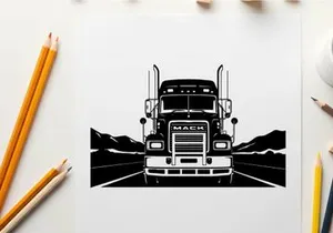 Mack truck silhouette on open road with mountains