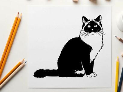 Silhouette of a sitting cat with white and black fur